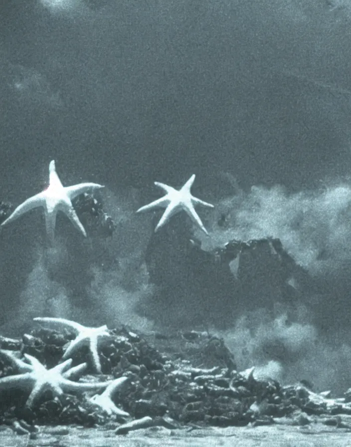 Prompt: a filmstill of a north korean monster movie, kaiju - eiga monster starfish - like trampling a traditional korean palace, foggy, film noir, epic battle, etheral, explosions, communist starfish, thriller, by akira kurosawa and wes anderson video compression