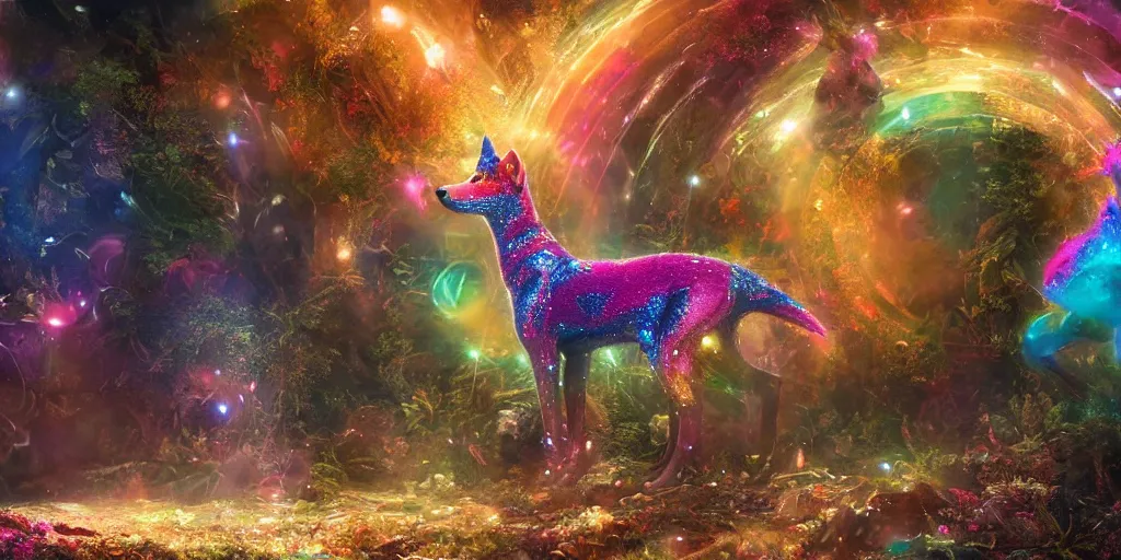 Image similar to sparkle dog, realistic 4 k octane beautifully detailed render, 4 k post - processing, highly detailed, intricate complexity, epic composition, magical atmosphere, cinematic lighting, masterpiece, ultra hd