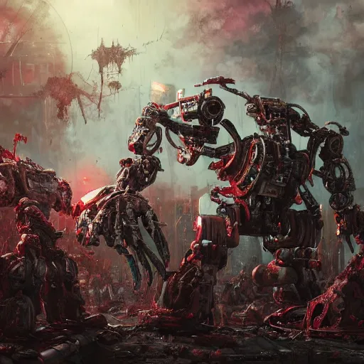 Prompt: undead - zombie - organic - battlemech with bloody - flesh playing on the laser harp, rotting flesh hanging, bloodveins on heavy armor, cyberpunk 2 0 8 8 with grimdark magic, elegant, digital illustration, detailed, intricate, sharp focus, digital painting, deep focus, artstation, matte, art by artgerm and greg rutkowski