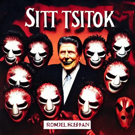 Prompt: slipknot self ttitled album cover except every band member is wearing a Ronald Reagan mask