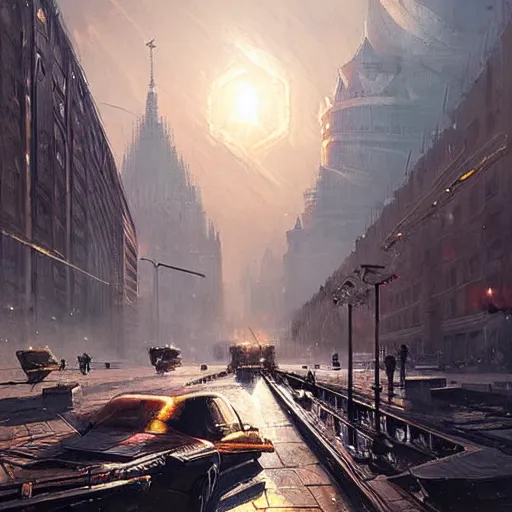 Prompt: moscow in future, kiber punk, greg rutkowski, oil, sun on zenith