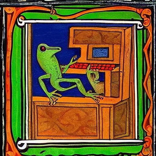 Image similar to medieval painting of a frog behind a computer