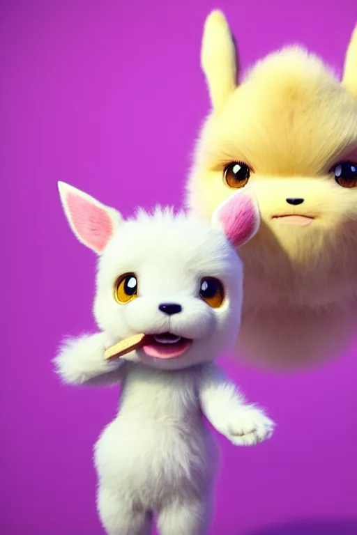 Prompt: high quality 3 d render hyperrealist very cute pastel fluffy! anthropomorphic westie eating giant ice cream full body, vray smooth, in the style of detective pikachu, hannah yata charlie immer, very dramatic pink light, low angle, uhd 8 k, shallow depth or field