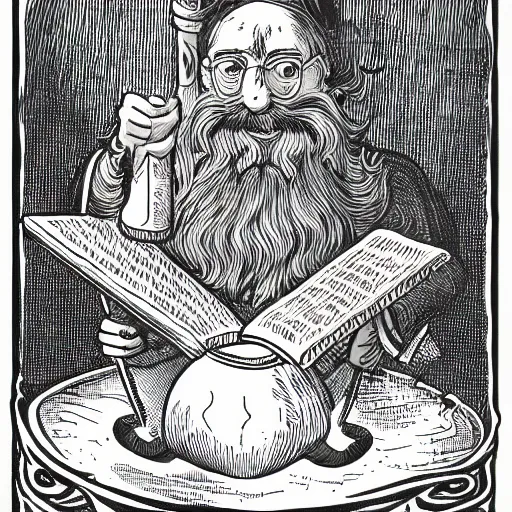 Image similar to wizard with beard, holding a bomb, dnd, high detail, fantasy, in the style of vintage antique illustration and line drawing, engraving, medieval line drawing