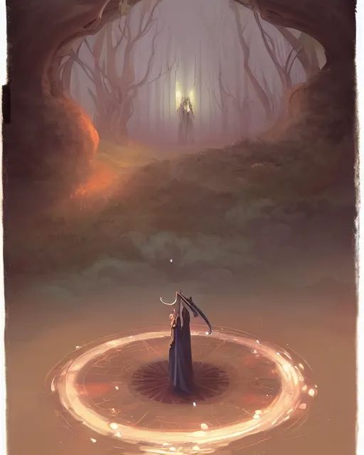 Prompt: a druid standing in a circle at the beginning of the world by peter mohrbacher and james jean
