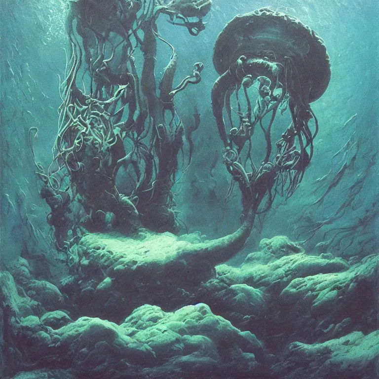 Prompt: Hyperrealistic intensely colored studio Photograph portrait of a deep sea bioluminescent Leather Boot deep underwater in darkness long exposure, award-winning nature deep sea expressionistic impasto heavy brushstrokes oil painting by Audubon and Zdzisław Beksiński vivid colors hyperrealism 8k