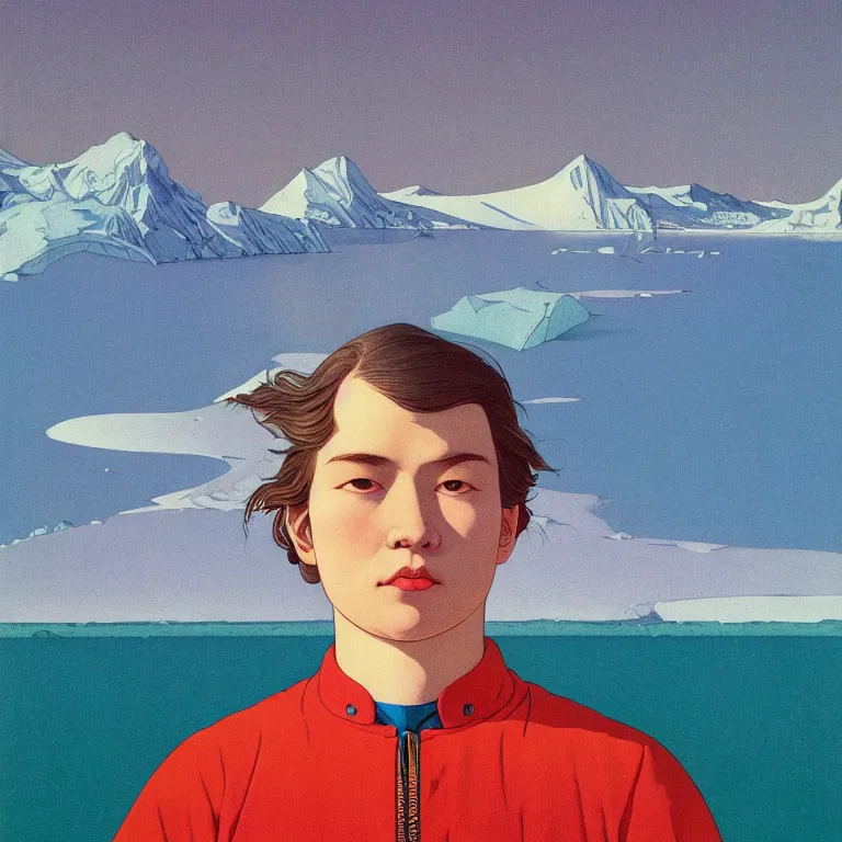 Prompt: a closeup portrait of a young siberian sailor sucking a blotter paper of lsd acid and dreaming psychedelic hallucinations in the vast icy landscape of antarctica, by kawase hasui, moebius and edward hopper, colorful flat surreal design, hd, 8 k, artstation