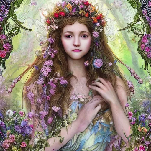 Prompt: Beautiful garden witch goddess, ornate fairy crown, california girl, wearing a flowing dress, lots of flowers, symmetrical face, art nouveau, portrait, cute, playful, fairy, harper's bazaar, pearlescent, sacred geometry, detailed background, featured on artstation, by Daniel Gerhartz, by ross tran, bright pastel colors, face by artgerm, by Kelly McKernan, by Charlie Bowater, by Laura rubin, 8k