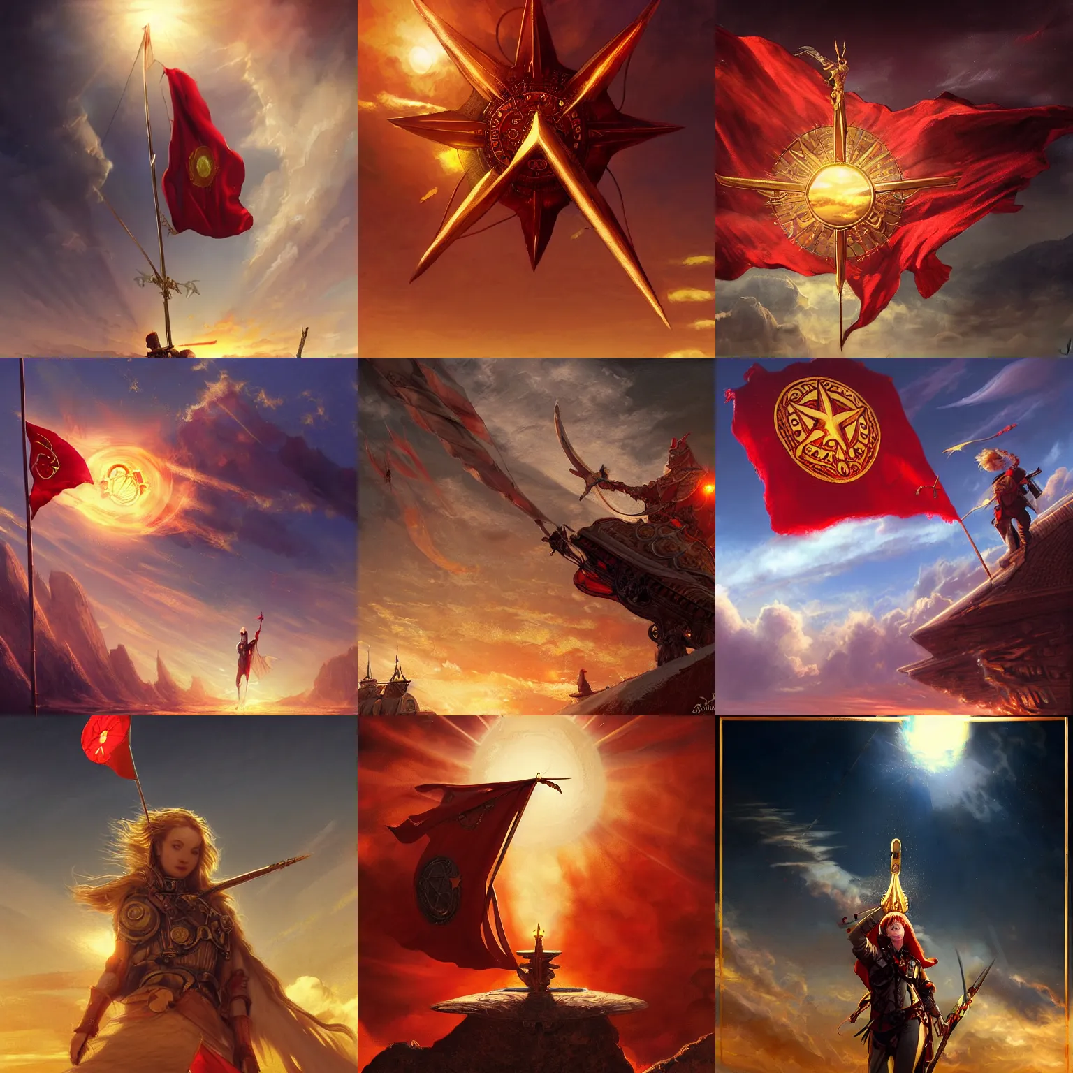 Image similar to red flag with golden sun symbol floating in sky, intricate, highly detailed, digital painting, concept art, sharp focus, illustration, aleksi briclot, rutkowski