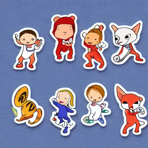 Image similar to sharp lines, illustrated emoti sticker sheet. chibi characters playing sports in animal onesies, white background, clear lines, ready to print, vinyl decal