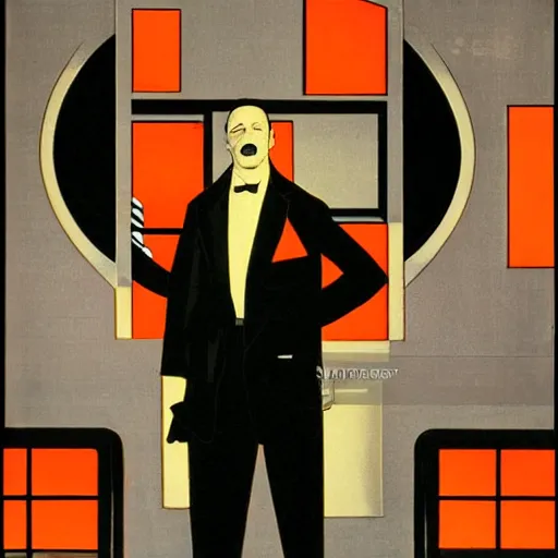 Prompt: man in futurist 6 0 ´ s lab, machines and futurist robots, red lights, leyendecker style, black suit