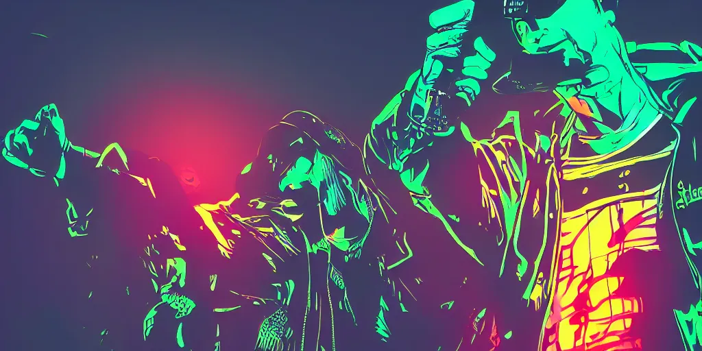 Image similar to rapping into microphone, silhouette, huge crowd, cyberpunk, hip hop, digital art, outrun, neon lights, trending on Artstation, professional artist, detailed, 4k