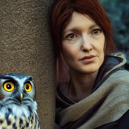 Image similar to eda the owl lady realistic photo, cinematic, unreal engine