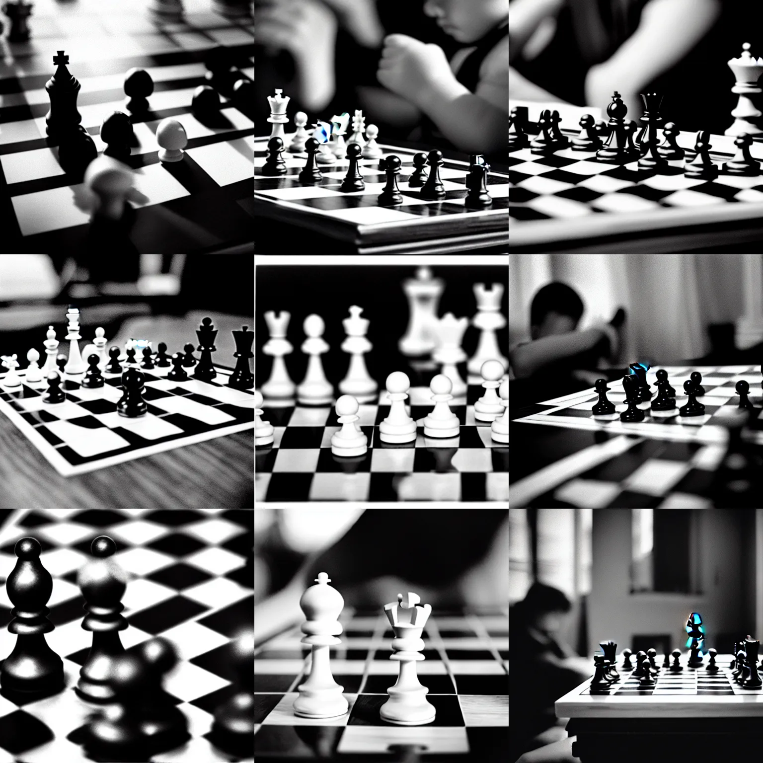 Prompt: cheating death at chess, black and white, cinestill