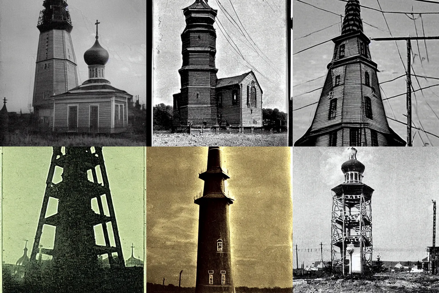 Prompt: grainy 1800s photo of a russian orthodox tower with a free energy device on it harvesting electricity from the air
