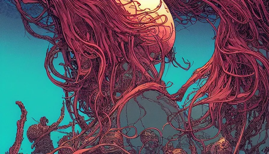 Prompt: elden ring by moebius and kilian eng, atmospheric, fine details, vivid, neon, masterpiece