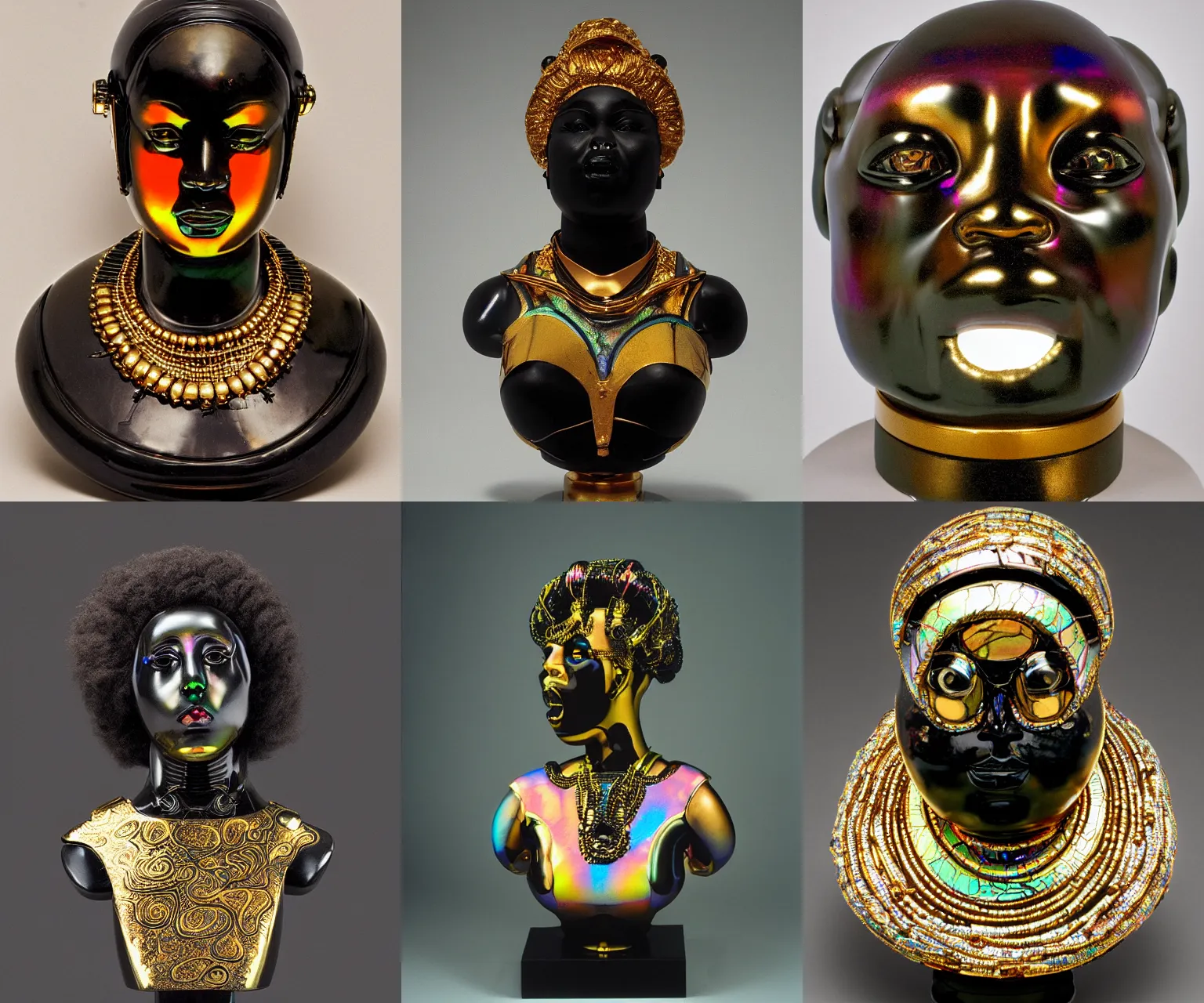 Prompt: intricate slightly iridescent and tanslucent hyperrealistic onyx and gold bust of futuristic obese beautiful cybernetic black girl angry empress, museum lighting, 3 5 mm film photograph