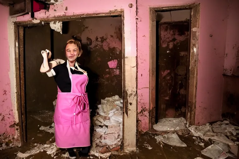 Image similar to batman wearing pink frilly apron offering free beer in dirty disgusting brown bathroom with cracked tiles and mold, atmospheric eerie lighting, dim lighting, bodycam footage, motion blur, blurry photography