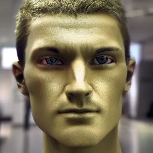 Image similar to “a realistic detailed photo of a guy who is an attractive humanoid who is half robot and half humanoid, who is a male android, News reporter Anthony Conn, shiny skin, posing like a statue, blank stare, reporting the news, on display, sparks coming out of his neck”
