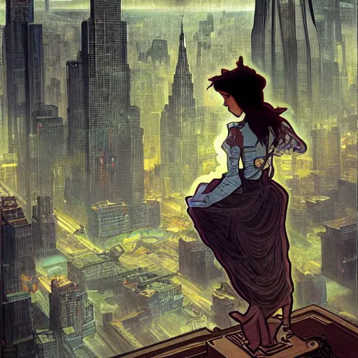 Image similar to “ a girl standing on a ledge looking down at a futuristic new york city below, cyberpunk, ghostpunk, storm clouds, very detailed, by alphonse mucha ”