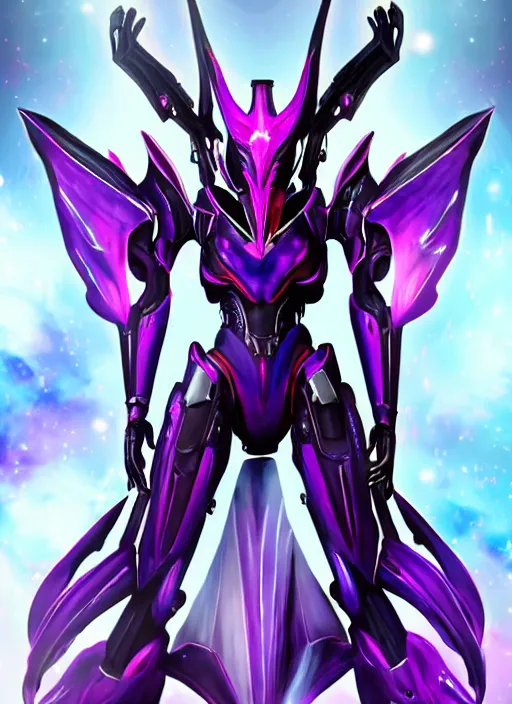 Image similar to cinematic full body, cosmic sized beautiful stunning giant robot mechan hot female dragon goddess, sharp sleek cyborg dragon head, sharp metal ears, smooth purple eyes, smooth fuschia skin, smooth silver armor, nebula, epic proportions, epic scale, macro furry, furry art, dragon art, goddess art, giantess art, warframe, warframe fanart, furaffinity, octane