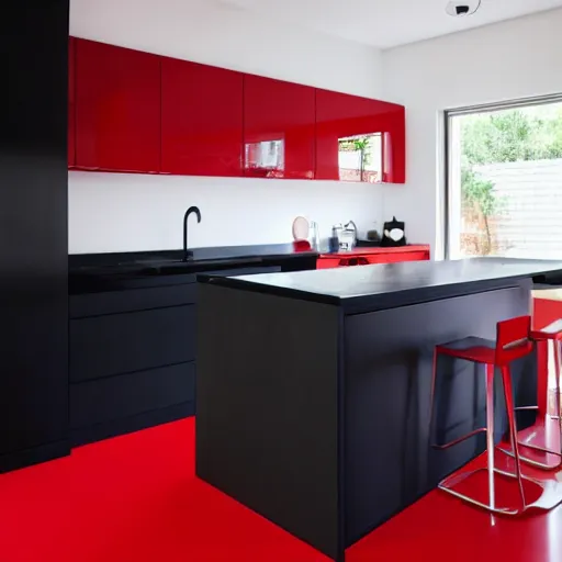 Image similar to photo of black, matte kitchen fronts surfaces and furniture, red walls at the back, white floor tiles on the ground, architecture, concept art