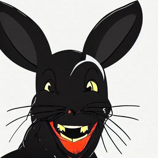 Prompt: A extremely highly detailed majestic hi-res beautiful, highly detailed head and shoulders portrait of a scary terrifying, horrifying, creepy black cartoon rabbit with scary big eyes, earing a shirt laughing, hey buddy, let's be friends, in the retro art style of Walt Disney