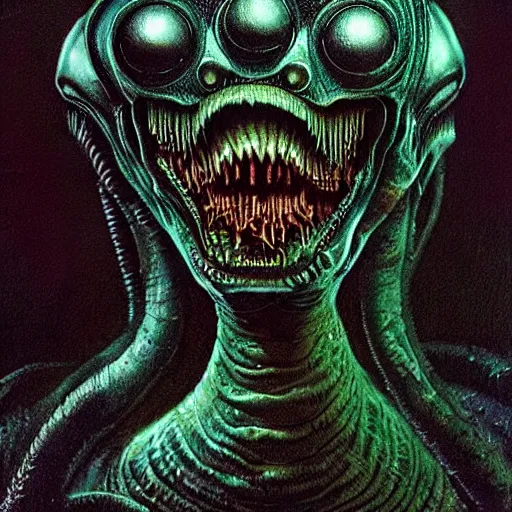 Image similar to space alien, slimy, glossy, sharp teeth, by h. r. giger, beksinski, nightmare fuel, nightmarish, intricate, highly detailed, optical illusion, stranger things demogorgon, volumetric lighting, flickering