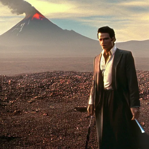 Prompt: film still of patrick bateman at mount doom in the return of the king, hd 4 k lord of the rings remaster director's cut