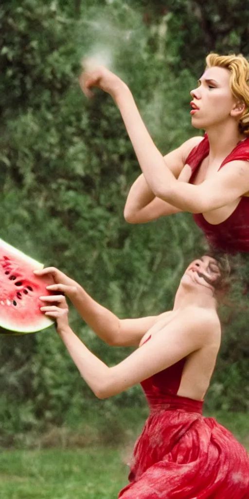 Prompt: scarlett johansson roundhouse kicking and smashing a watermelon, film still, highly detailed, film grain, behind the scenes, photorealism