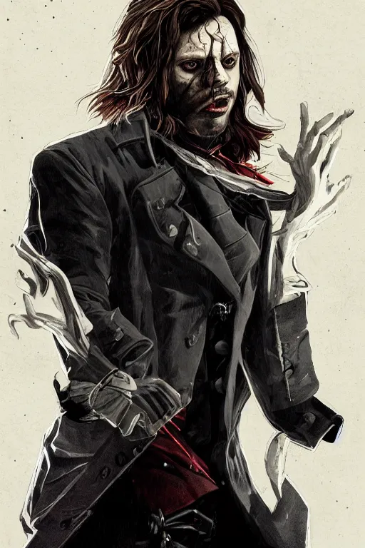 Image similar to sebastian stan in sleepy hollow, full body, big two toned eyes, teeth gritted, horror, intricate details, cinematic, epic, realistic, anatomy, tomer hanuka, uplight, artstation, photorealistic, scary