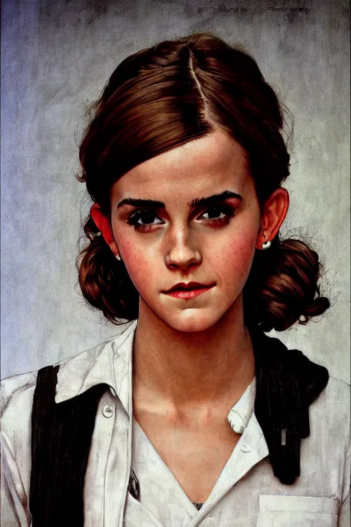 Image similar to photo photorealistic portrait photograph Emma Watson as a nurse, full length photo portrait by Norman Rockwell