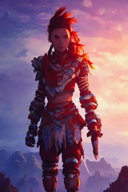 Image similar to combination suit armor aloy horizon forbidden west horizon zero dawn radiating a glowing aura global illumination ray tracing hdr fanart arstation by ian pesty and alena aenami artworks in 4 k tribal robot ninja mask helmet backpack