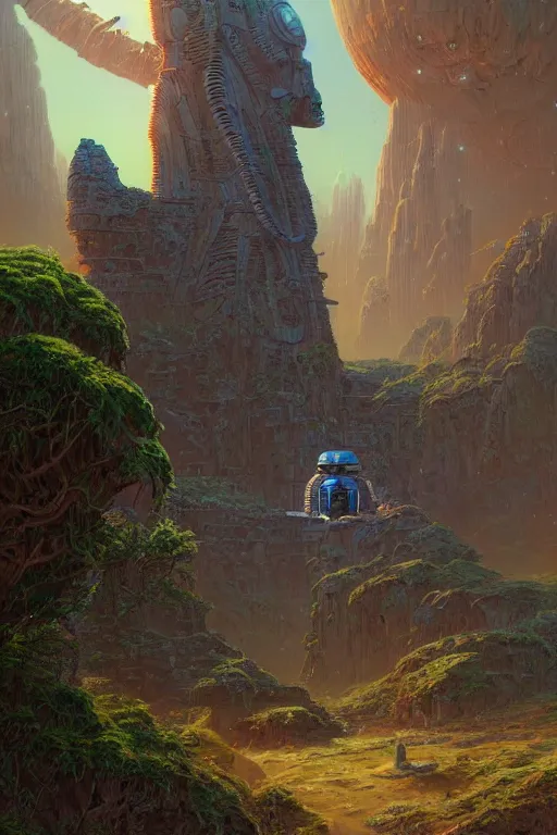 Prompt: a single lonely spaceship, robot city ruins, ancient alien head stone statues, small astronauts, overgrown, retro futurism by tim hildebrandt, wayne barlowe, bruce pennington, donato giancola, larry elmore, masterpiece, trending on artstation, cinematic composition, beautiful lighting, sharp, details, hd, 8 k