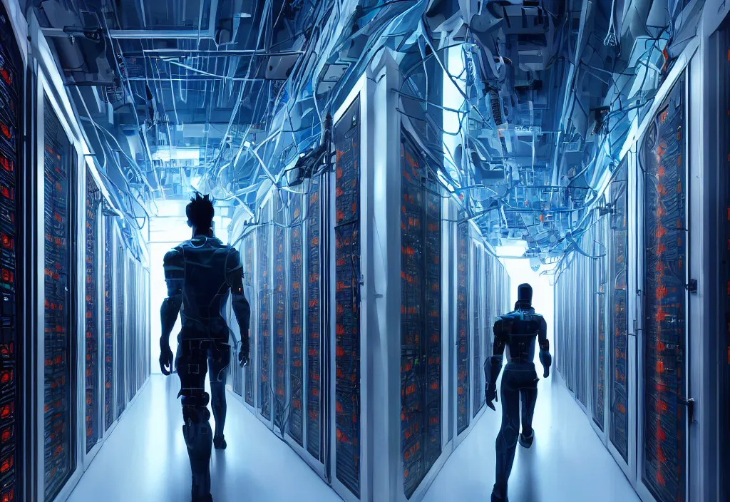 Image similar to shot of film cyborg walking in detailed server room in data center, character design, great composition perspective, vivid color, complementary color, detailed, sharp lines, trending on artstation, volumetric lighting, dramatic lighting by yoichi hatakenaka, cyberpunk art by asher brown durand