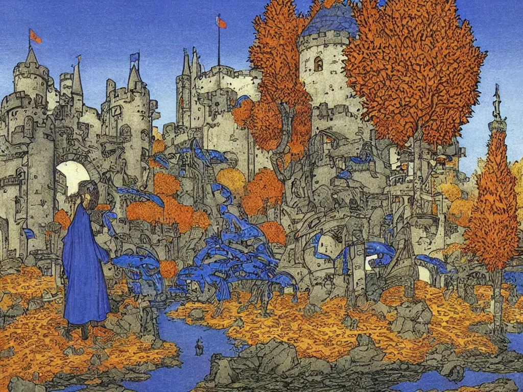 Prompt: cyberpunk king man with hovercraft at a castle in autumn. painting by limbourg brothers, moebius