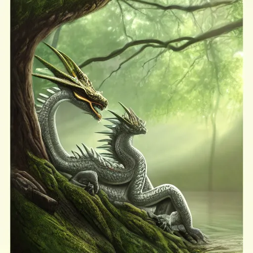 Image similar to peaceful dragon in a beautiful, misty forest, leaning over a steep hill, elongating its neck to sip water from the flowing, turbulent river, trending on artstation, intricately defined, complexly detailed, robustly ordinated, 4 k quality, digital art