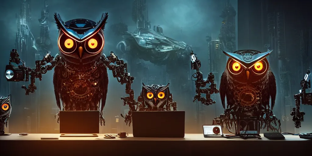 Image similar to an giant evil, malevolent, cyborg owls looking at a computer, surrounded by computer screens. steampunk. this 4 k hd image is trending on artstation, featured on behance, well - rendered, extra crisp, features intricate detail and the style of unreal engine. volumetric lighting octane render