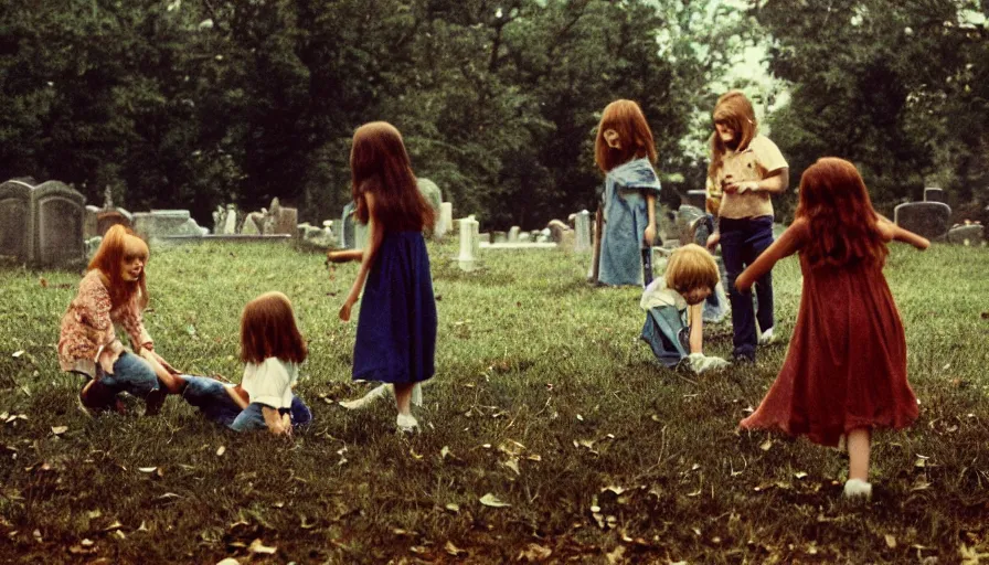 Prompt: 7 0 s film still from a horror movie of young children playing in a graveyard, kodachrome, cinecolor, cinestill, photorealism, cinematic, film grain, film texture, vhs recording