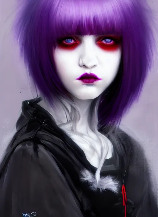 Image similar to portrait of white teenage girl, normal face, white bangs, mall goth, cyberlox, black and white hair, bangs, fluffy bangs, red contact lenses, purple lipstick, intricate, elegant, highly detailed, digital painting, artstation, concept art, sharp focus, smooth, illustration, art by wlop, mars ravelo and greg rutkowski