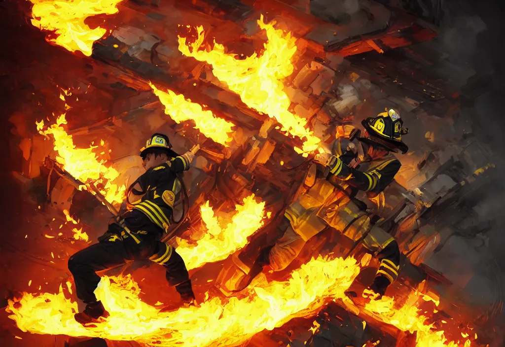 Image similar to heroic firefighter in action in black and yellow uniform, fire flames, sharp details, sharp focus, elegant, highly detailed, illustration, by jordan grimmer and greg rutkowski and pine ( ハイネ ) and 薯 子 imoko and 香 川 悠 作 and wlop and maya takamura, intricate