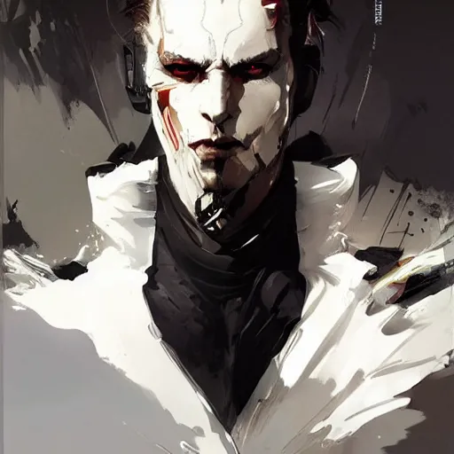 Prompt: portrait of a male character in sleek clothes, in a flowing white tailcoat, wearing a futuristic white mask with five round lenses for eyes, many eyes, dramatic lighting, illustration by Greg rutkowski, yoji shinkawa, 4k, digital art, concept art, trending on artstation