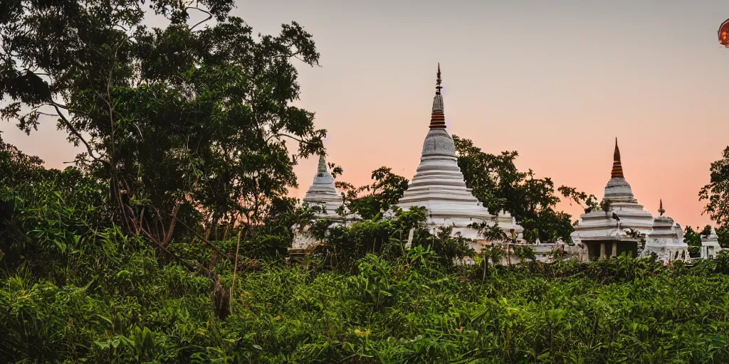 Image similar to abandoned sri lankan temple with white stupa, overgrown greenery, photography, evening sunset