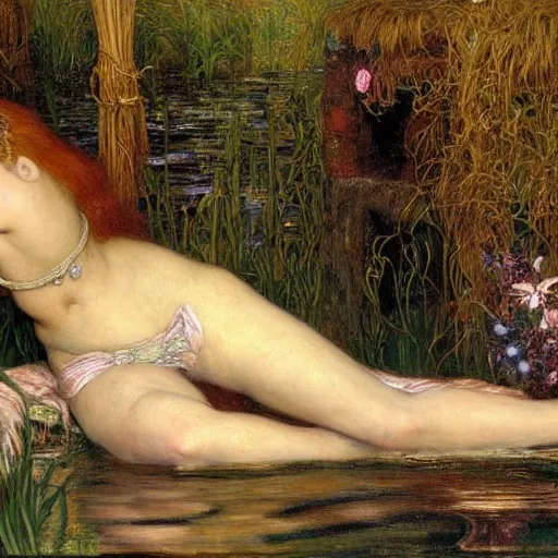 Prompt: breathtaking masterpiece of art, elizabeth eleanor siddall as ophelia floating on the water fully clothed in flowing medieval clothes amongst the reeds by william holman hunt and rosetti, 8 k