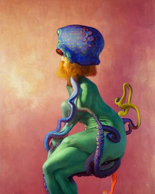 Image similar to a beautiful girl wearing a colourful octopus as a dress, painted by edgar maxence, edward hopper, wayne barlowe and james gilleard, airbrush, art by jamesjean