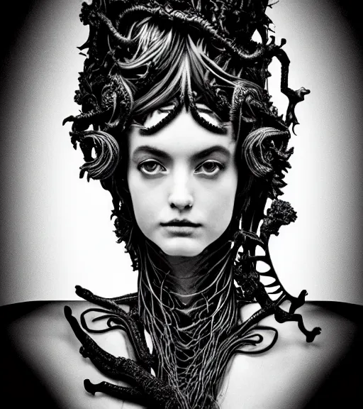 Image similar to dark background, a black and white high quality dreamy photo of a young beautiful female queen-vegetal-dragon-cyborg bust with a very long neck and delicate Mandelbrot fractal face, anatomical, facial muscles, veins, arteries, elegant, highly detailed, flesh highly baroque ornate, hair are curled wired cables, elegant, poetic, dreamy, mysterious, high fashion, rim light, in the style of Ellen von Unwerth, Realistic, Refined, Digital Art, Highly Detailed, Cinematic Lighting, rim light, black and white, photo-realistic, 8K