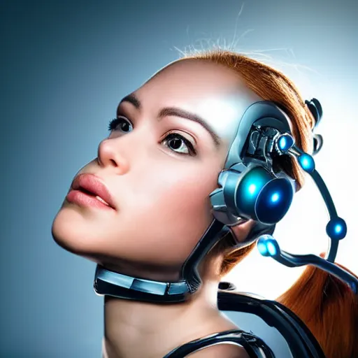 Prompt: portrait photo of a beautiful female cyborg looking up