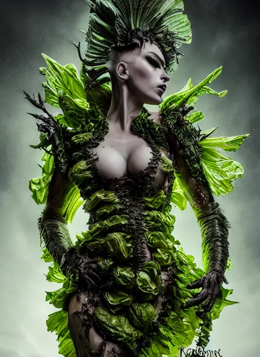 Image similar to expressive full body photo of demoness, dress made of cabbages, glamour shot, by karol bak, stefan gesell, photorealistic, nikon d 4 x, fashion photography, hyper maximalist, elegant, ornate, luxury, elite, environmental portrait, symmetrical features, octane render, unreal engine, solid dark grey background, dramatic lights