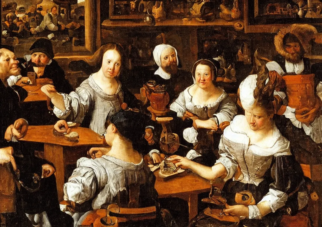 Prompt: Jan Steen. One Beautiful woman looking at us. Goose. Netherlands tavern. Ultra detailed.