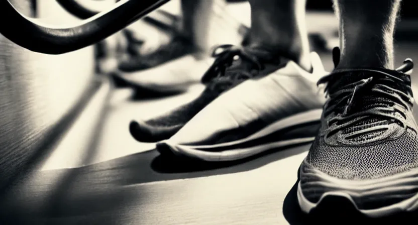 Prompt: close up on old running shoes running on a treadmill. cinematic lighting. moody. sci fi. realistic concept art painting. subdued tones.